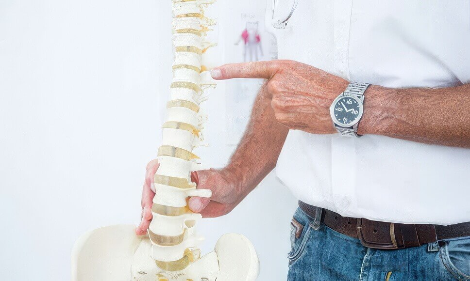 Image of a male chiropractor in his clinic pointing to a replica human spine to educate a patient.